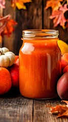 Autumn Harvest,  Delicious Peach Jam in Glass Jar with Fall Leaves and Pumpkins