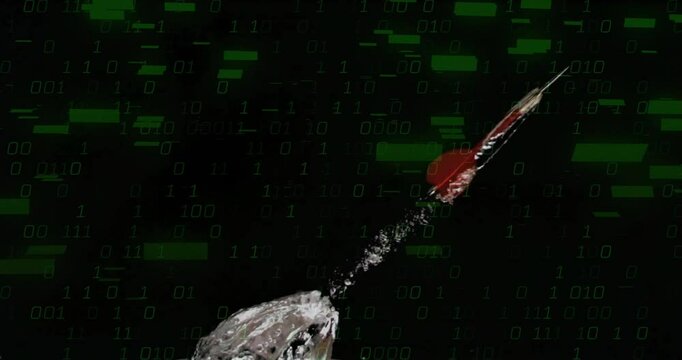 Flat design showing red spherical?tipped object sending water droplets through green binary code