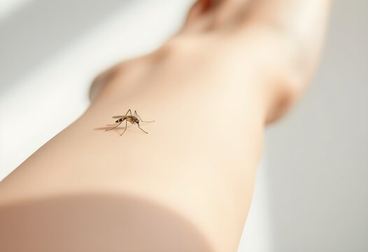Close-up photo of a mosquito. Mosquito protection. Mosquito biting human skin in close up. Macro of mosquito sitting on human&rsquo;s skin. Insect bite from mosquito on human body. Mosquito sucking blood	
