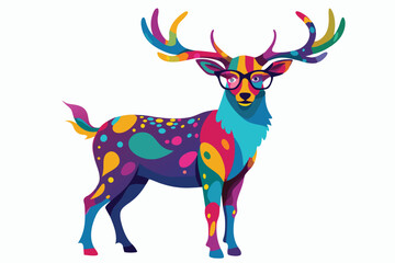 Colorful artistic elk in with   colorful paint splatters on white background.