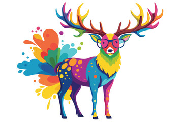 Colorful artistic elk in with   colorful paint splatters on white background.
