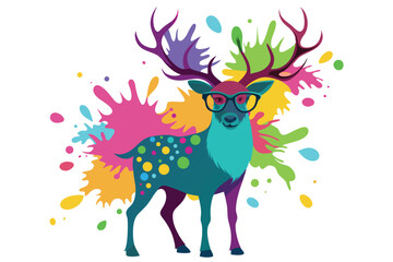 Colorful artistic elk in with   colorful paint splatters on white background.
