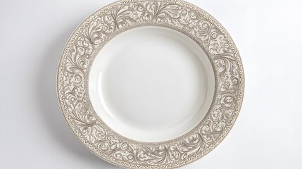 Elegant White Dinner Plate with Ornate Grey Floral Design