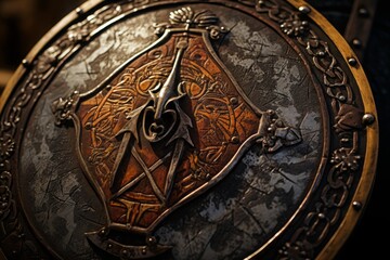 Close-up of a Viking shield with detailed engravings and battle marks