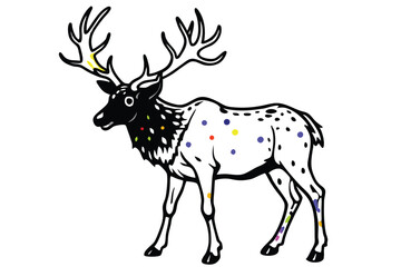 Fototapeta premium Colorful artistic elk in with colorful paint splatters on white background.