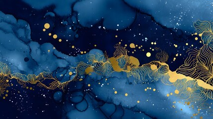 Abstract marbled design showcasing deep blues and gold accents.