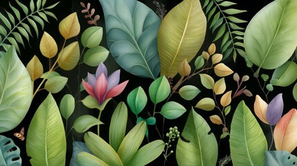 Hand-painted watercolor tropical leaves. Exotic jungle foliage with bright greens and tropical florals in a painterly style 