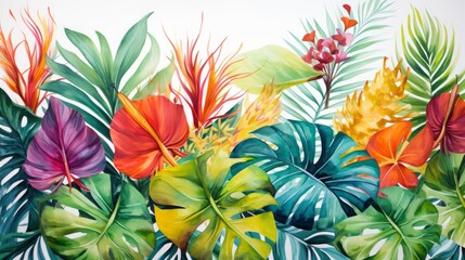 Hand-painted watercolor tropical leaves. Exotic jungle foliage with bright greens and tropical florals in a painterly style