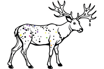 Colorful artistic elk in with   colorful paint splatters on white background.