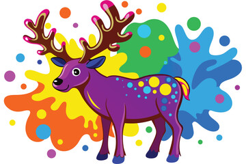 Colorful artistic elk in with   colorful paint splatters on white background.