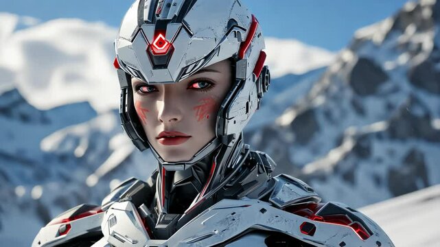 Futuristic cyborg woman in snowy mountains