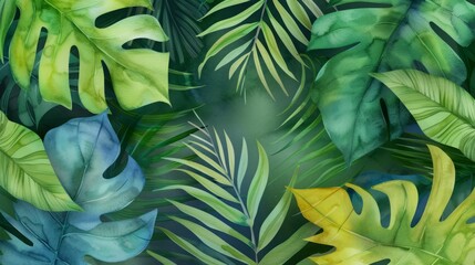 Hand-painted watercolor tropical leaves, Exotic jungle foliage with bright greens and tropical florals in a painterly style 