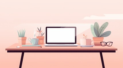 Minimalist flat design workspace illustration. A clean and modern digital workspace with a laptop, coffee, and office supplies in a pastel color palette 