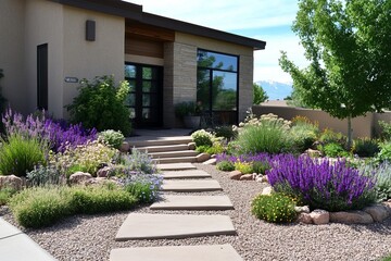 Scenes of a front yard garden with a xeriscape design, featuring drought-tolerant plants, gravel pathways, and a water-efficient landscape 