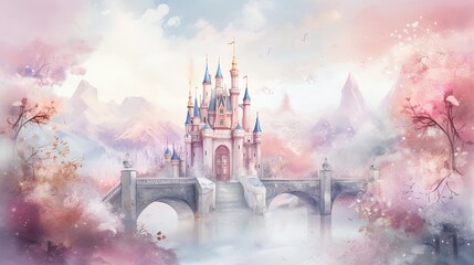 Naklejka premium Whimsical fairytale castle in watercolor style with a magical landscape in soft pastel hues 