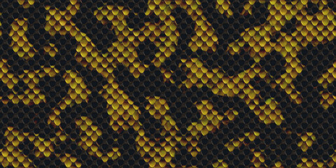Black yellow orange snakeskin surface. Dangerous wildlife backdrop. Snake leather seamless textures. Reptile skin background. Reptilian scale pattern.