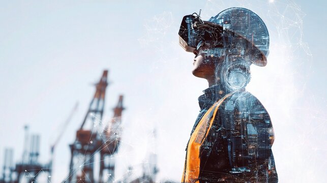 Engineer in Hard Hat with Futuristic Equipment at Construction Site