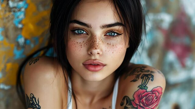 A bold young woman flaunts her vibrant tattoos, exuding confidence against a raw, industrial scenery.