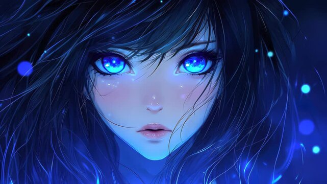 Stunning anime female with long black and blue hair, striking blue eyes, and a fierce, badass vibe that captivates all.