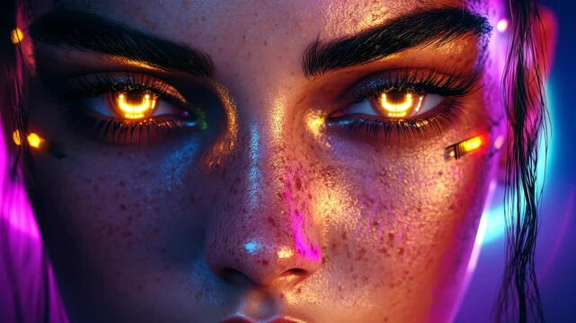A stunning closeup of a goddess with futuristic cyberpunk elements, blending divinity and tech into one striking portrait.