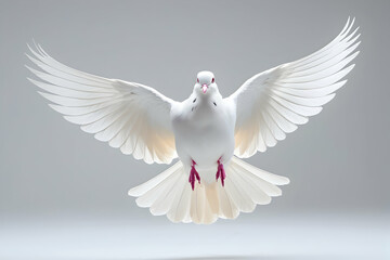 Fototapeta premium White Dove in Flight Isolated on White for Peace and Freedom Concepts Featuring a Pure Bird with Wings Spread Wide in a Graceful Flying Pose for Spirituality Imagery: White, Dove, Flight, Isolated.
