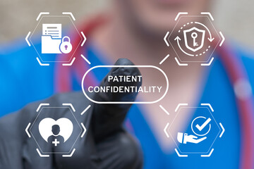 Doctor holding wooden blocks with icons and sees text: PATIENT CONFIDENTIALITY. Medical...