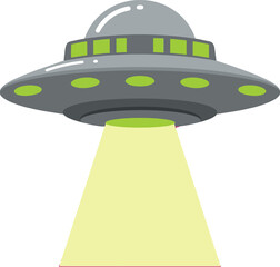 UFO spaceship with green lights and yellow beam vector illustration simple design 