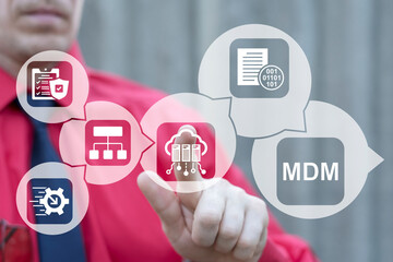Business person using virtual touch screen push text: MDM. MDM Master Data Management Information...