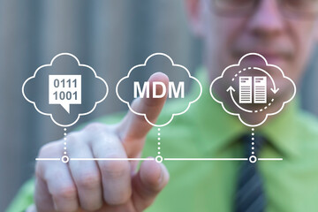MDM Master Data Management Information Technology concept. Business person using virtual touch...