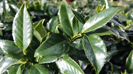 Fototapeta premium Vibrant Green Tea Leaves Close Up Lush Foliage