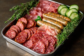 A charcuterie spread showcases various cured meats, including salami and sausages, alongside fresh cucumbers and aromatic herbs on a metallic platter, perfect for entertaining