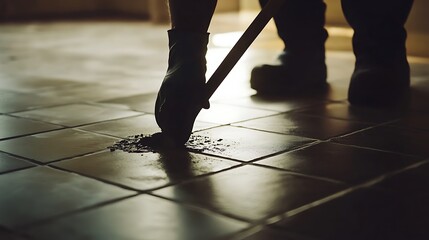 Person Sweeping Dirt from Tiled Floor