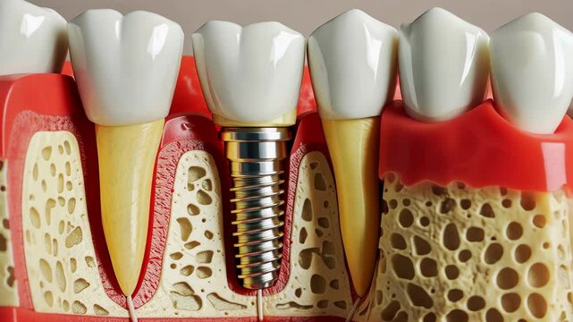 Explore the intricacies of dental implantology with a cross-section of the jaw showcasing an embedded implant in the gum. Ai Generated