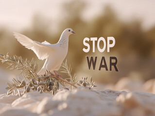 White dove holding olive branch delivering message of peace: stop war