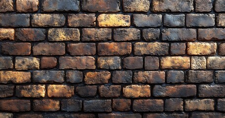Obraz premium Close-Up of Dark Weathered Brick Wall with Gold and Orange Highlights – Textured Surface for Interior Design, Architecture, or Artistic Backgrounds