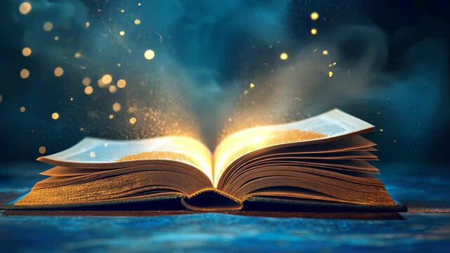 Enchanting magic book stands out against a serene blue background, invoking wonder and mystery. Ai Generated.