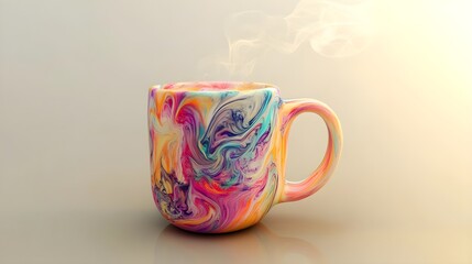 Colorful Mug with Swirling Design and Steam Rising from Coffee