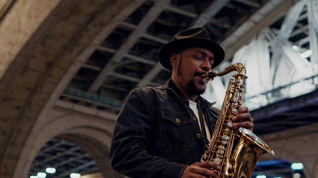 Street musician playing saxophone under urban bridge at night