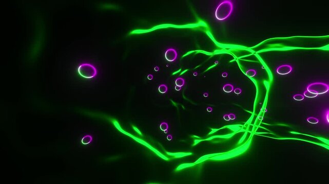 Transparent green circular tunnel with pink bubbles. Looped animation