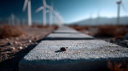 Wind farm in a desert setting with pathways made from recycled concrete