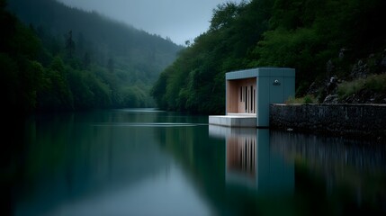 Fototapeta premium Serene lakeside with a small hydro turbine and minimalist wooden structures