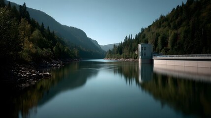 Fototapeta premium Serene hydroelectric dam surrounded by untouched nature
