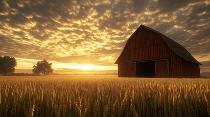 Obraz premium Golden sunrise illuminates a rustic red barn nestled in a golden wheat field.