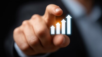 This stock image depicts a businessman analyzing economic growth, showcasing rising arrows and strategic planning for success.