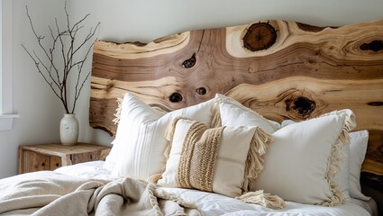 cozy and inviting bedroom with a rustic and natural style. The focal point is a bed with a large, textured wooden headboard made from a single piece of wood, featuring natural knots and grain pattern
