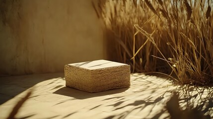 Empty White Canvas Resting on Floor in Front of Tall Grass