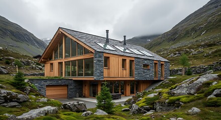 Alpine modern house with sloped glass roof, slate and timber materials, nestled in rocky terrain with moss and alpine plants, blending clean lines and rustic textures under crisp, clear daylight.