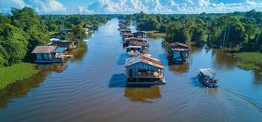 Naklejka premium Floating houses lining Amazon River in Peru providing home to inhabitants