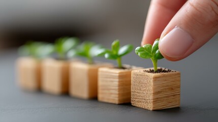 A visual of wooden blocks stacked high, symbolizing business growth. Green plants sprout, representing sustainable success.
