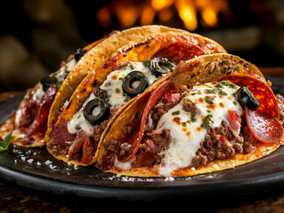 Delicious taco shells overflowing with melted cheese, ground beef, and pepperoni in front of fireplace